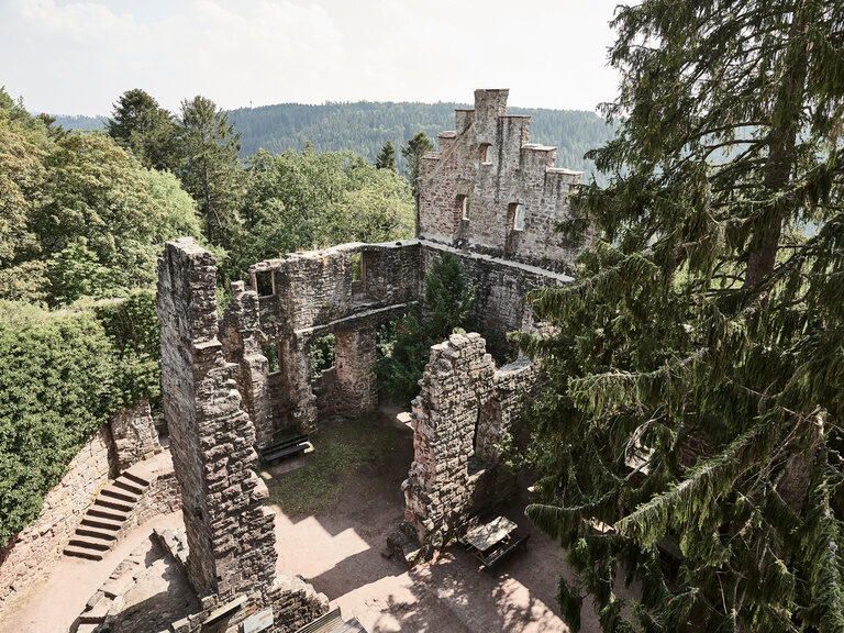 Das Hotel Kronelamm im Schwarzwald liegt nur wenige Schritte von der historischen Zavelsteiner Burgruine entfernt. Die Zavelsteiner Burgruine umrahmt von den Bäumen des Schwarzwaldes.