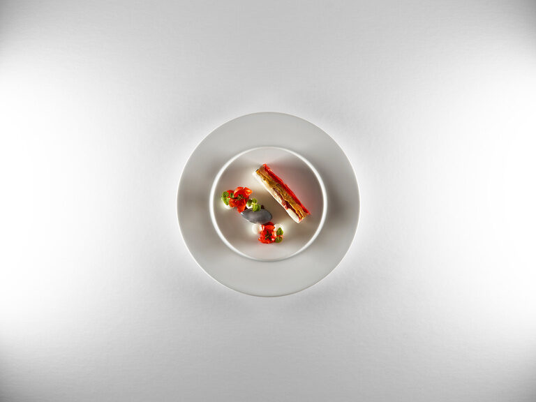 Precisely prepared plate with different varieties of tomatoes, cheese foam and a scoop of ice cream.