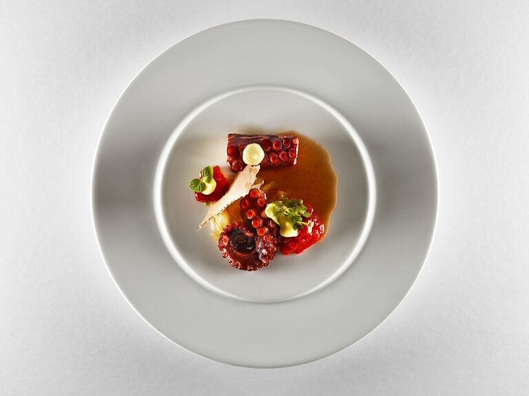 Ready-made plate with grilled pulp, various vegetables and herbs.