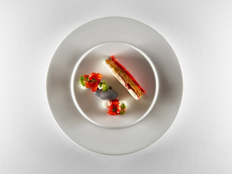 Tomatoes are precisely arranged on a plate in different preparations and different consistencies.