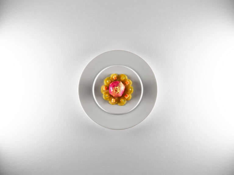 Auf einem weißen Teller sind Lebensmittel genussvoll, in Form des Michelin-Sterns, angerichtet.