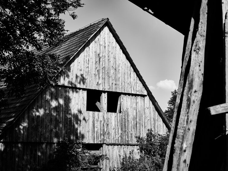 Ein Dachgiebel einer Hütte aus Holz ragt neben Bäumen in die Höhe.